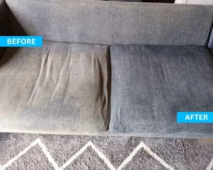 Before and after deep sofa cleaning in Geelong, showing stain removal from a light fabric couch.