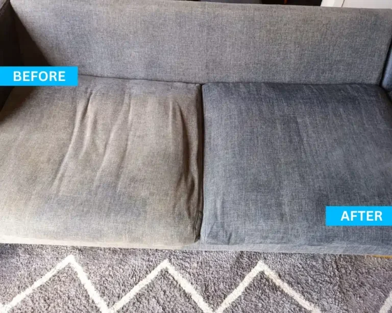 Before and after deep sofa cleaning in Geelong, showing stain removal from a light fabric couch.