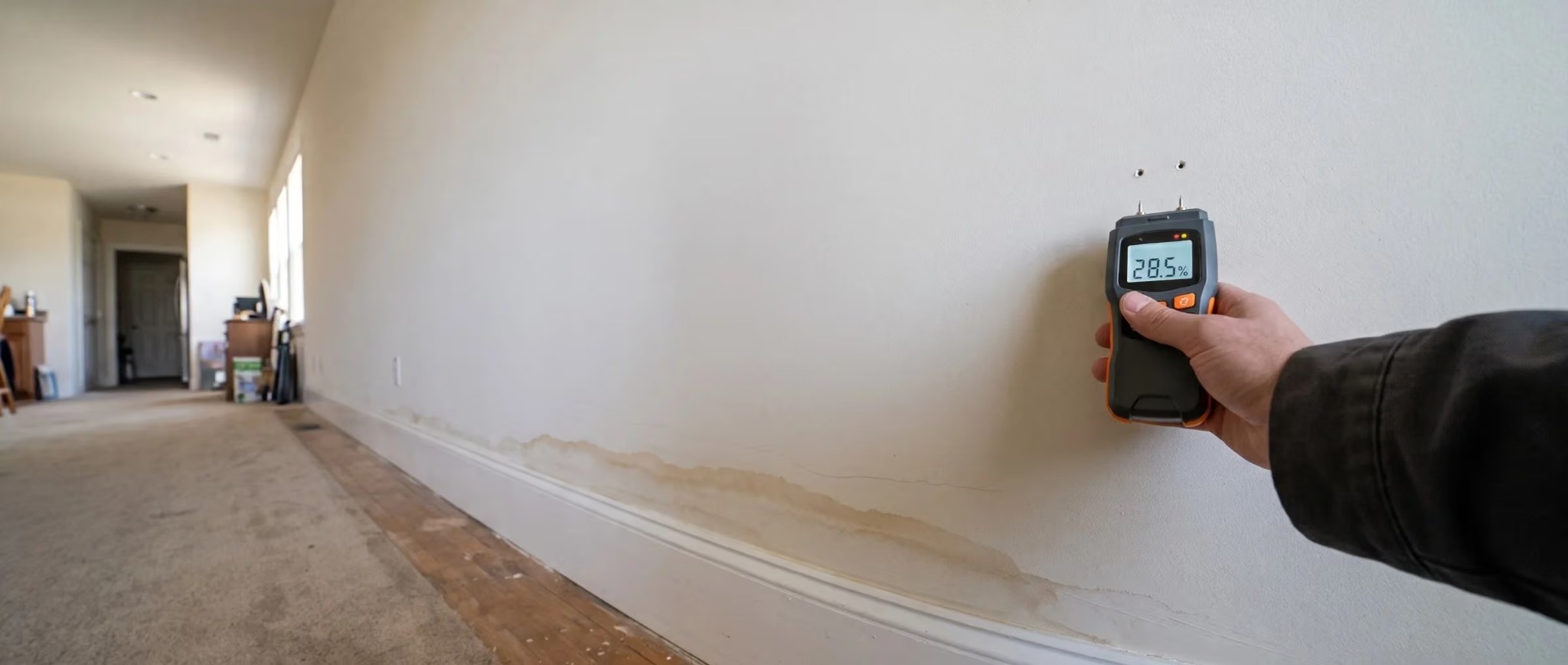 Moisture meter checking a stained internal wall above the skirting board